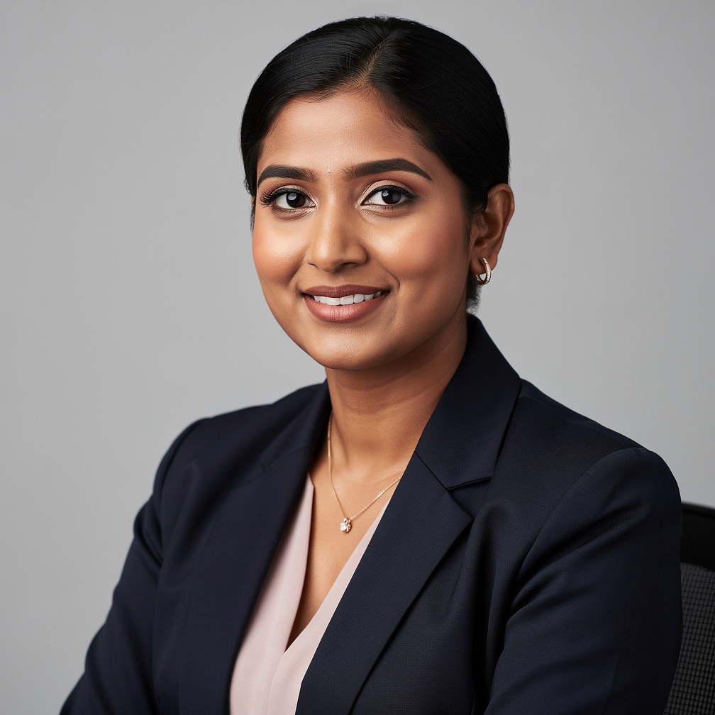 Studio portrait of an Indian Singaporean female claims manager