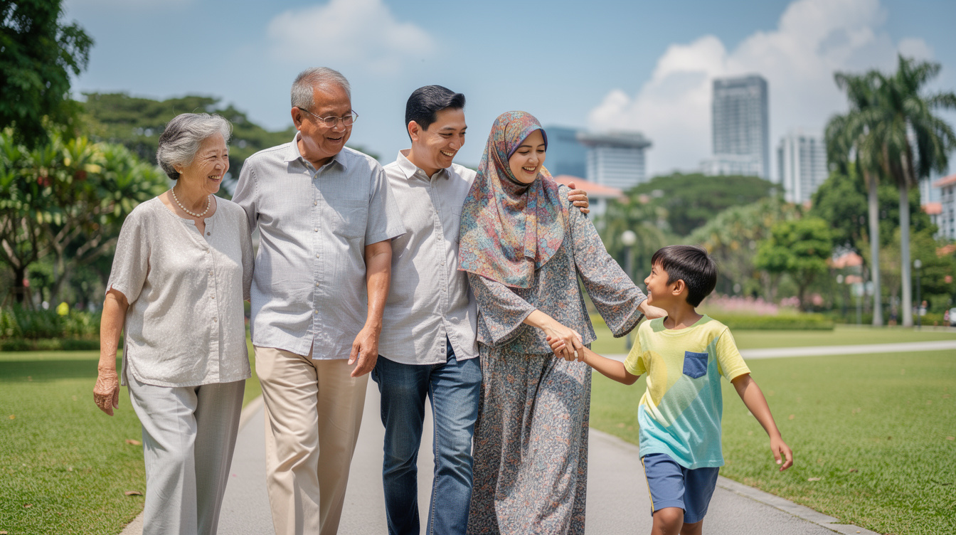 Multi-generation Singaporean family walking together outdoors
