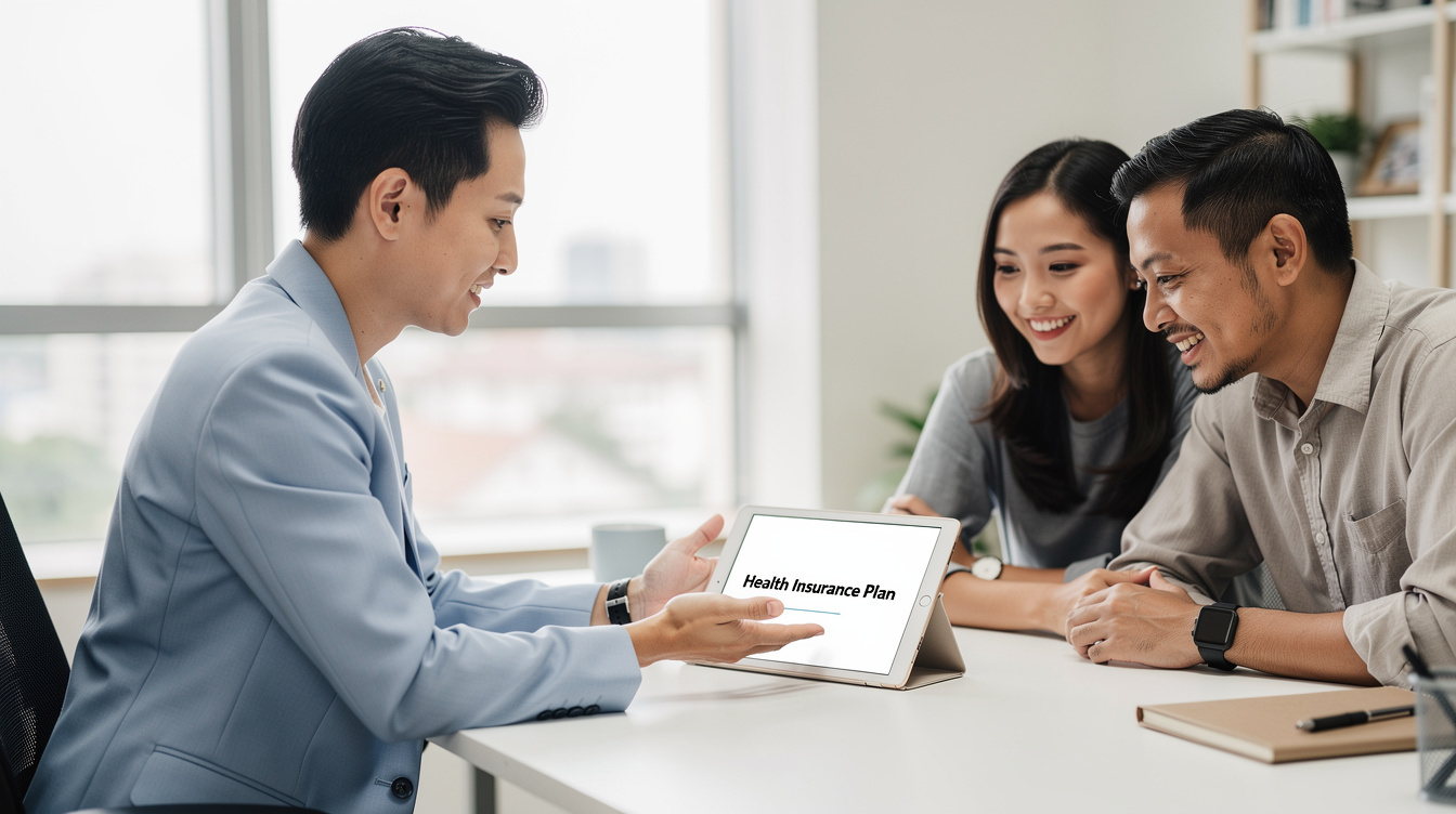 Insurance advisor showing a health plan on a tablet to a smiling couple in a bright office