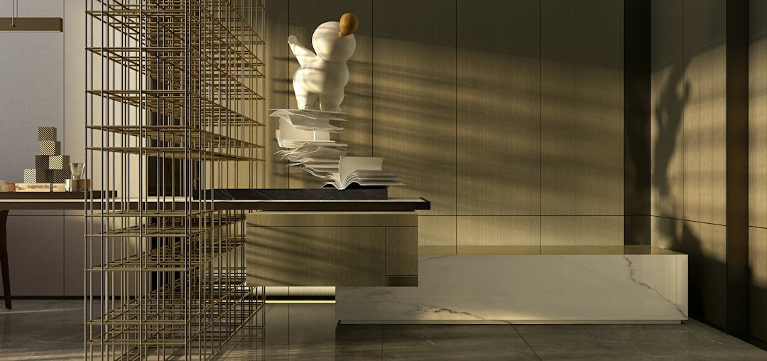 Modern office reception desk with soft lighting